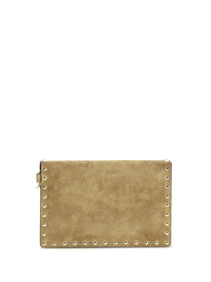 Valentino Garavani Medium Rockstud Clutch in suede - Havana Beige