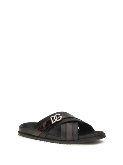 Dolce & Gabbana Smooth calf leather Slide Sandals - Black/Cacao