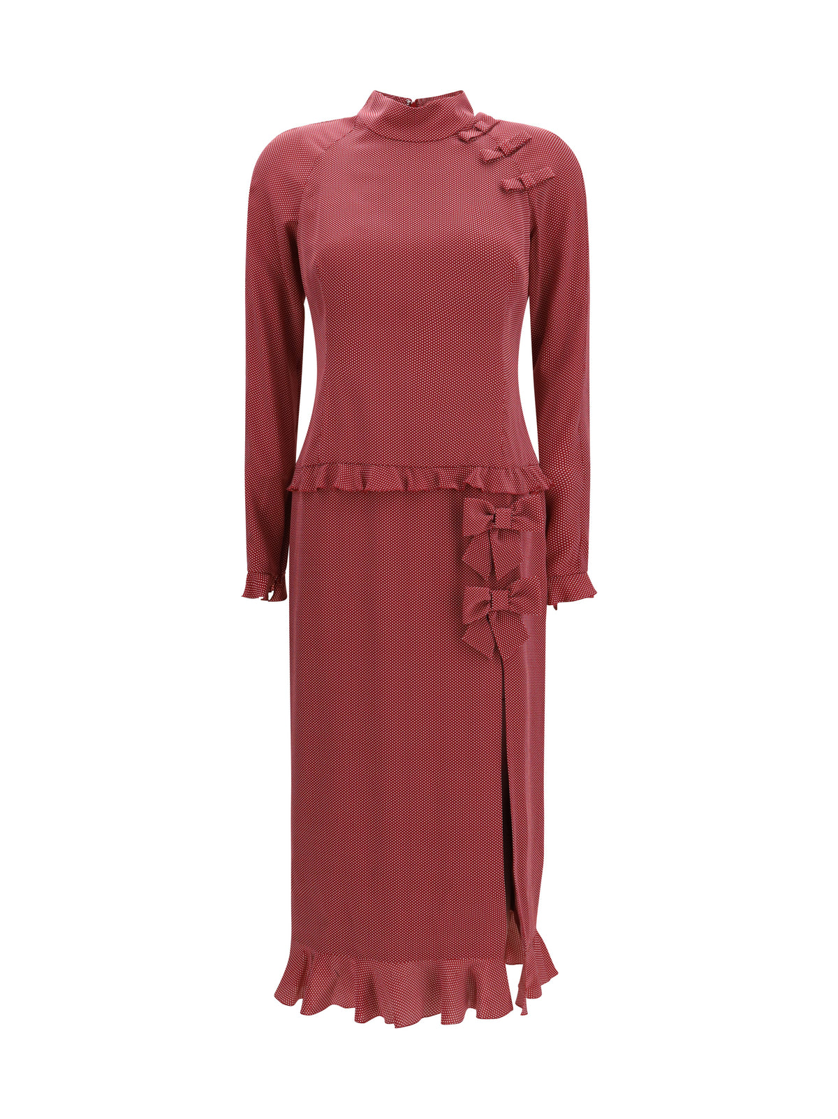 Alessandra Rich Silk polka-dot midi Dress with appliqué bows - Burgundy-White