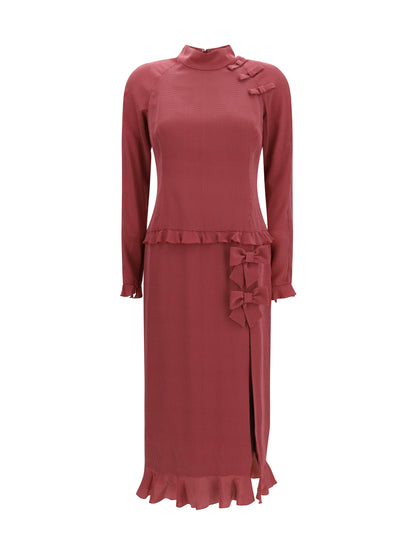 Alessandra Rich Silk polka-dot midi Dress with appliqué bows - Burgundy-White
