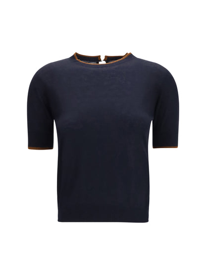 Max Mara Studio Silk and wool T-shirt - Blue/Leather