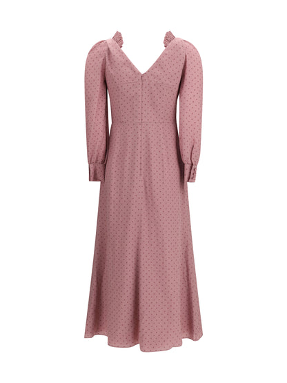 Alessandra Rich Polka Dot Midi Dress with Ruffles - Mauve-Mauve