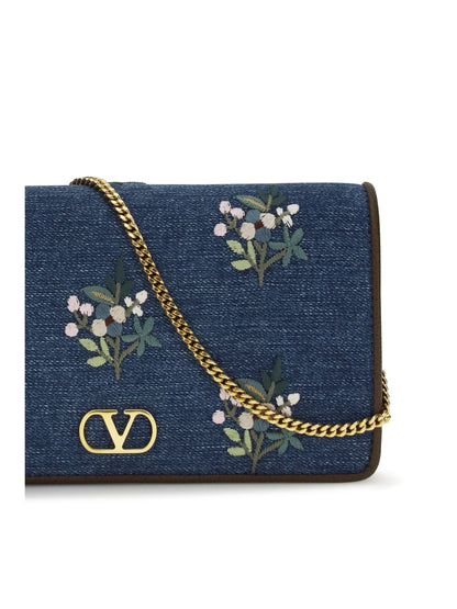 VALENTINO GARAVANI Mini VLogo Signature Shoulder Bag in denim with floral embroidery