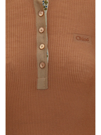 Chloé Ultra-fine wool knit Henley Top - Coffee Pink