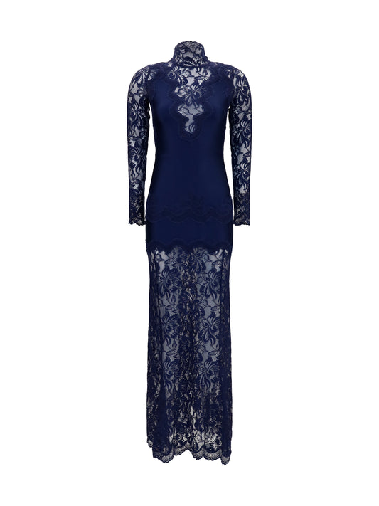 Rabanne Long lace and jersey Dress - Deep Navy