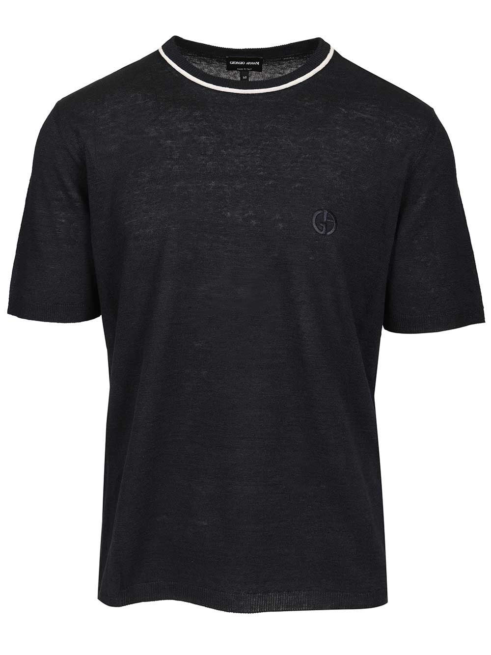 Giorgio Armani Crew Neck Sweater In Linen And Silk - Blue