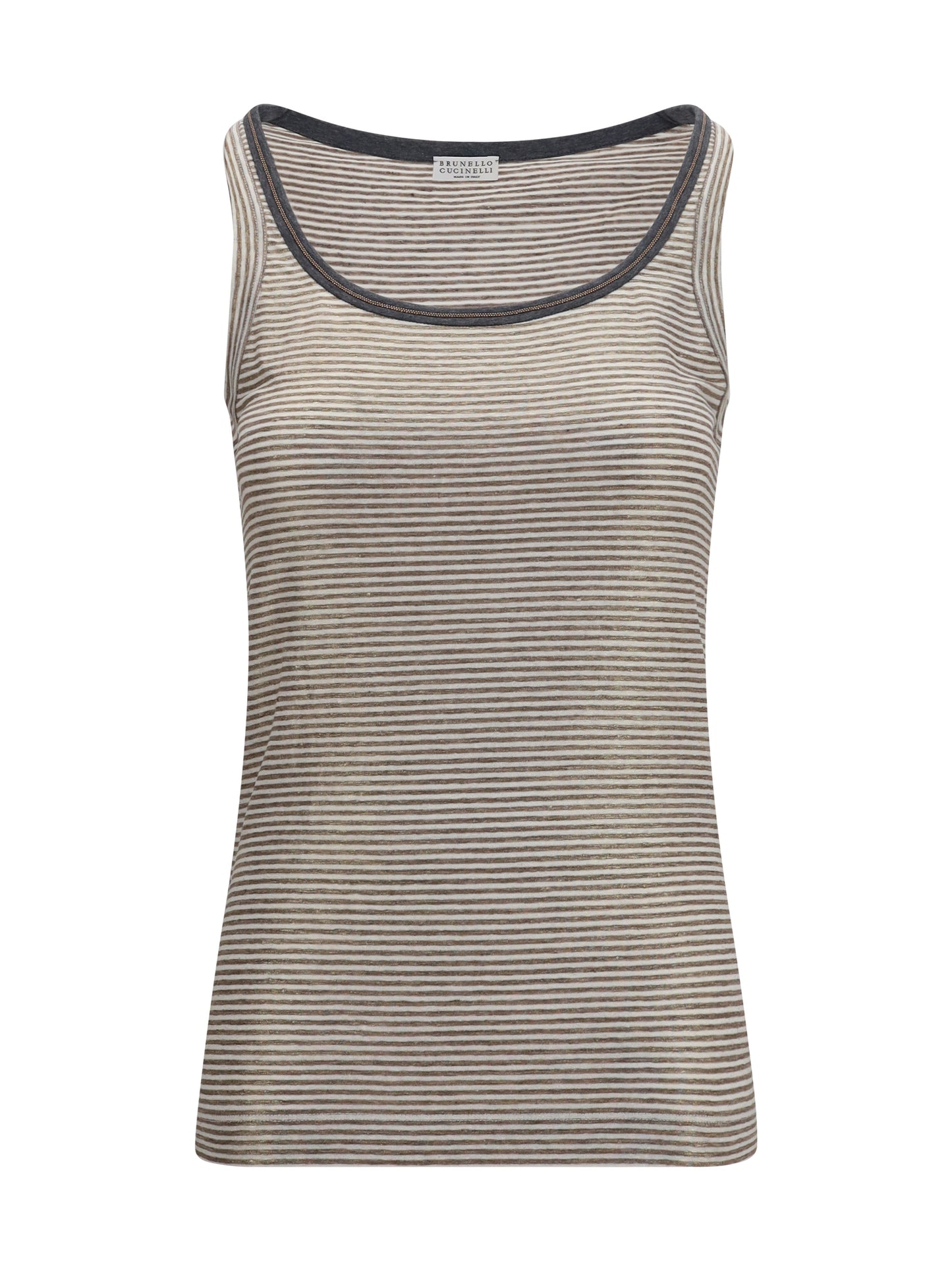 BRUNELLO CUCINELLI Striped linen lamé jersey Tank Top with glossy finishes