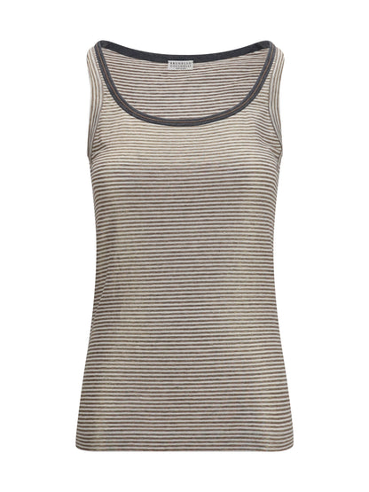 BRUNELLO CUCINELLI Striped linen lamé jersey Tank Top with glossy finishes