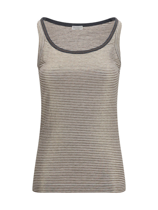 BRUNELLO CUCINELLI Striped linen lamé jersey Tank Top with glossy finishes