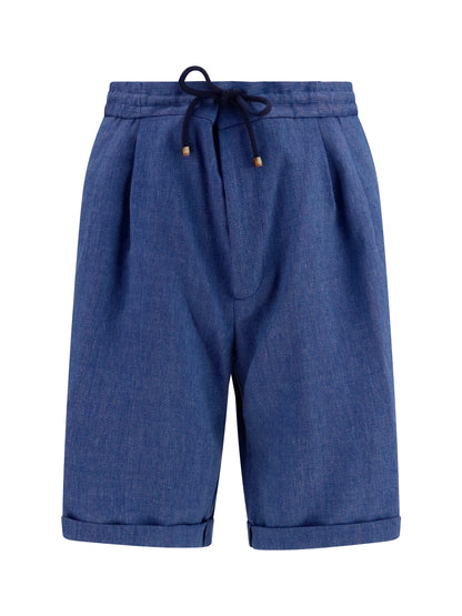 Brunello Cucinelli Linen and virgin wool chevron Bermuda Shorts - Denim