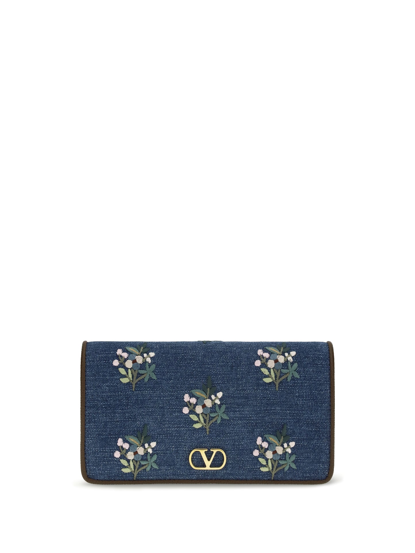 VALENTINO GARAVANI Mini VLogo Signature Shoulder Bag in denim with floral embroidery