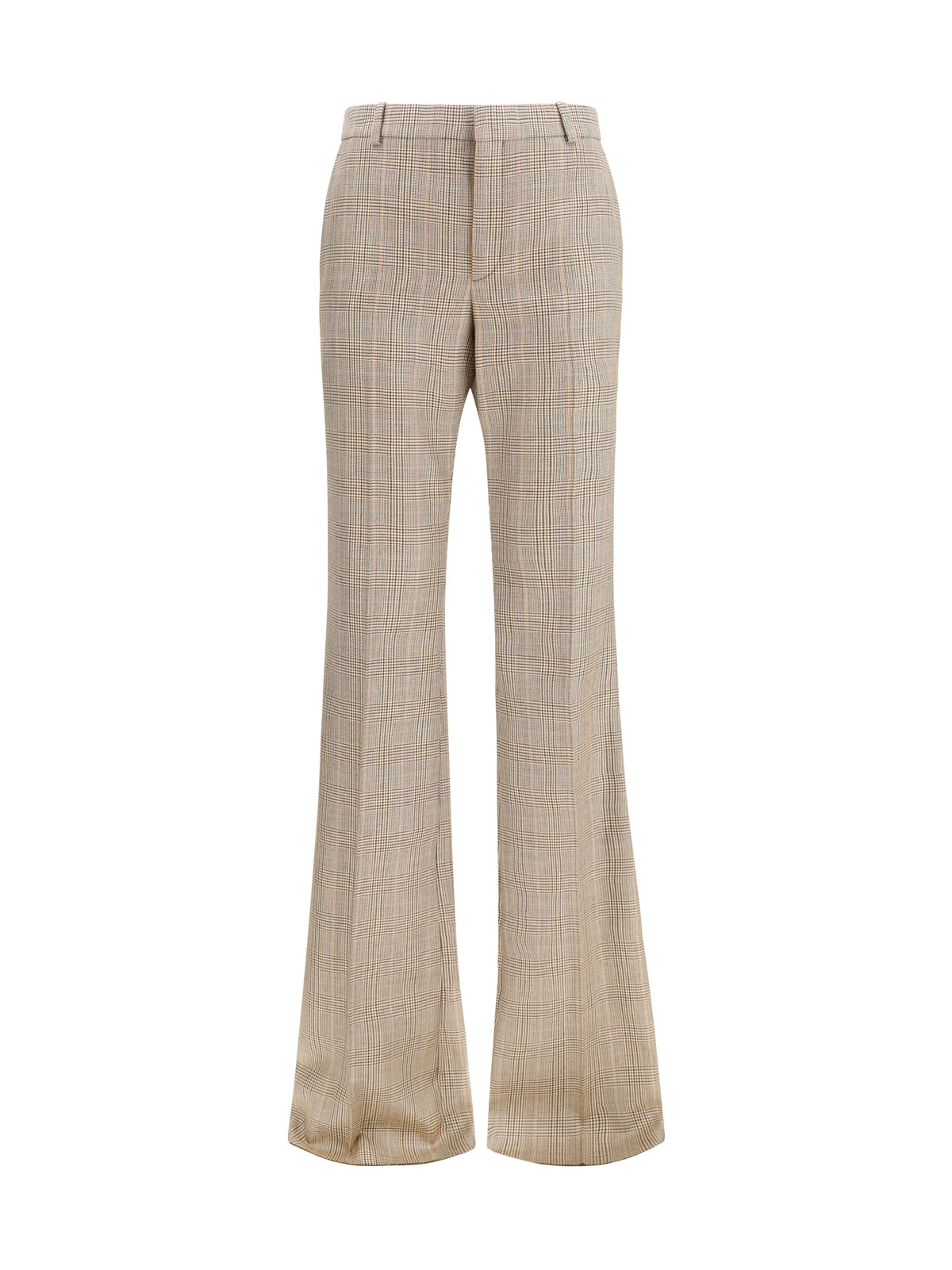 Saint Laurent Prince of Wales Houndstooth Wool Flared Pants - Beige Marron Marine