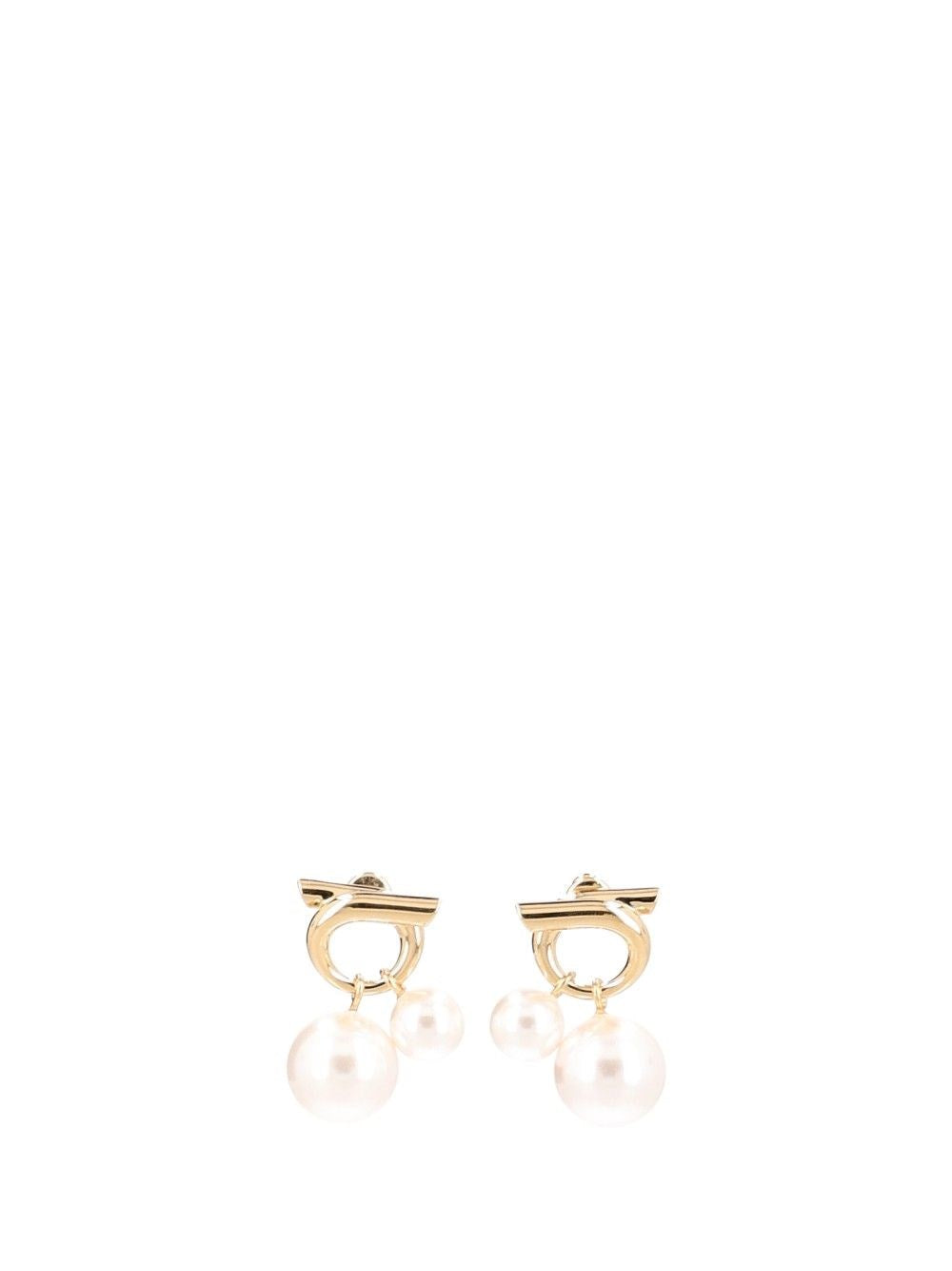 Ferragamo Gancini Earrings With Pearl Effect Pendants - Gold