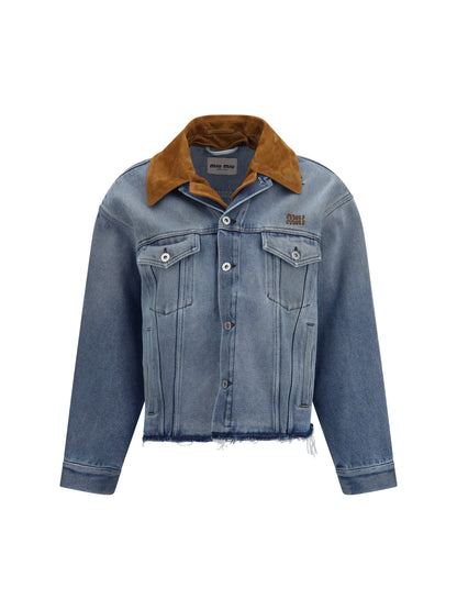 Miu Miu Washed denim and suede Jacket - Light Blue