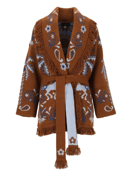Alanui Island Roots Cardigan In Embroidered Wool Blend - Brown