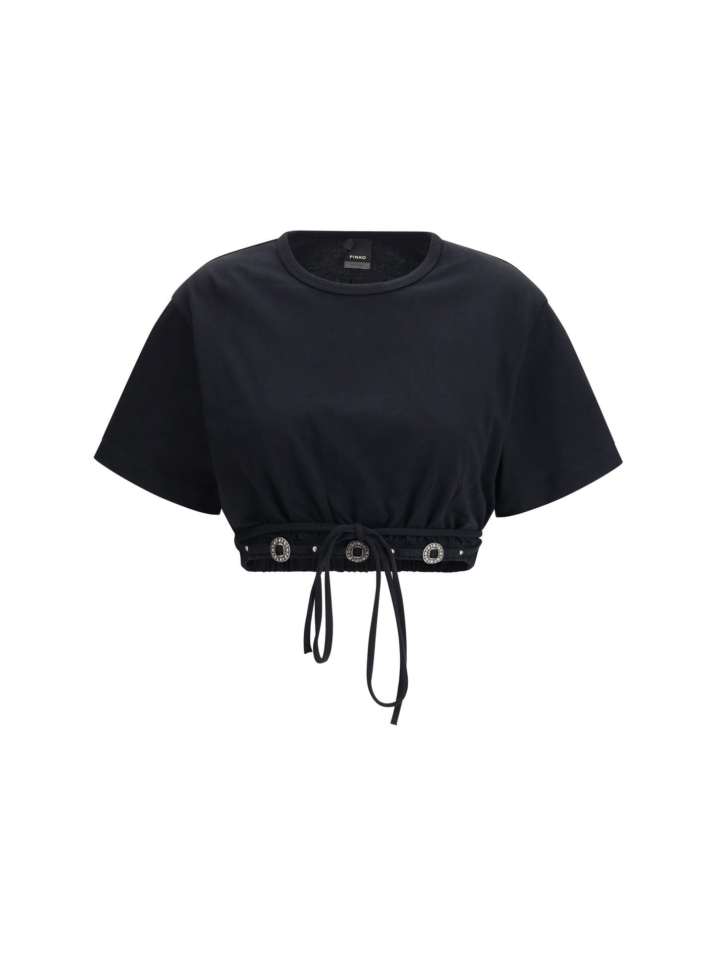 PINKO Cropped T-Shirt in pure cotton with lace-up detail and western accents