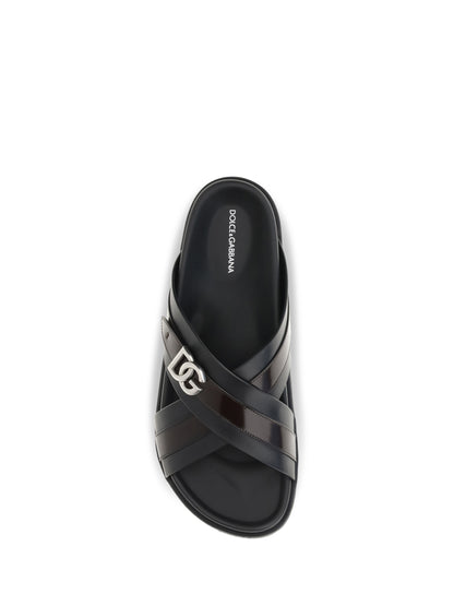 Dolce & Gabbana Smooth calf leather Slide Sandals - Black/Cacao