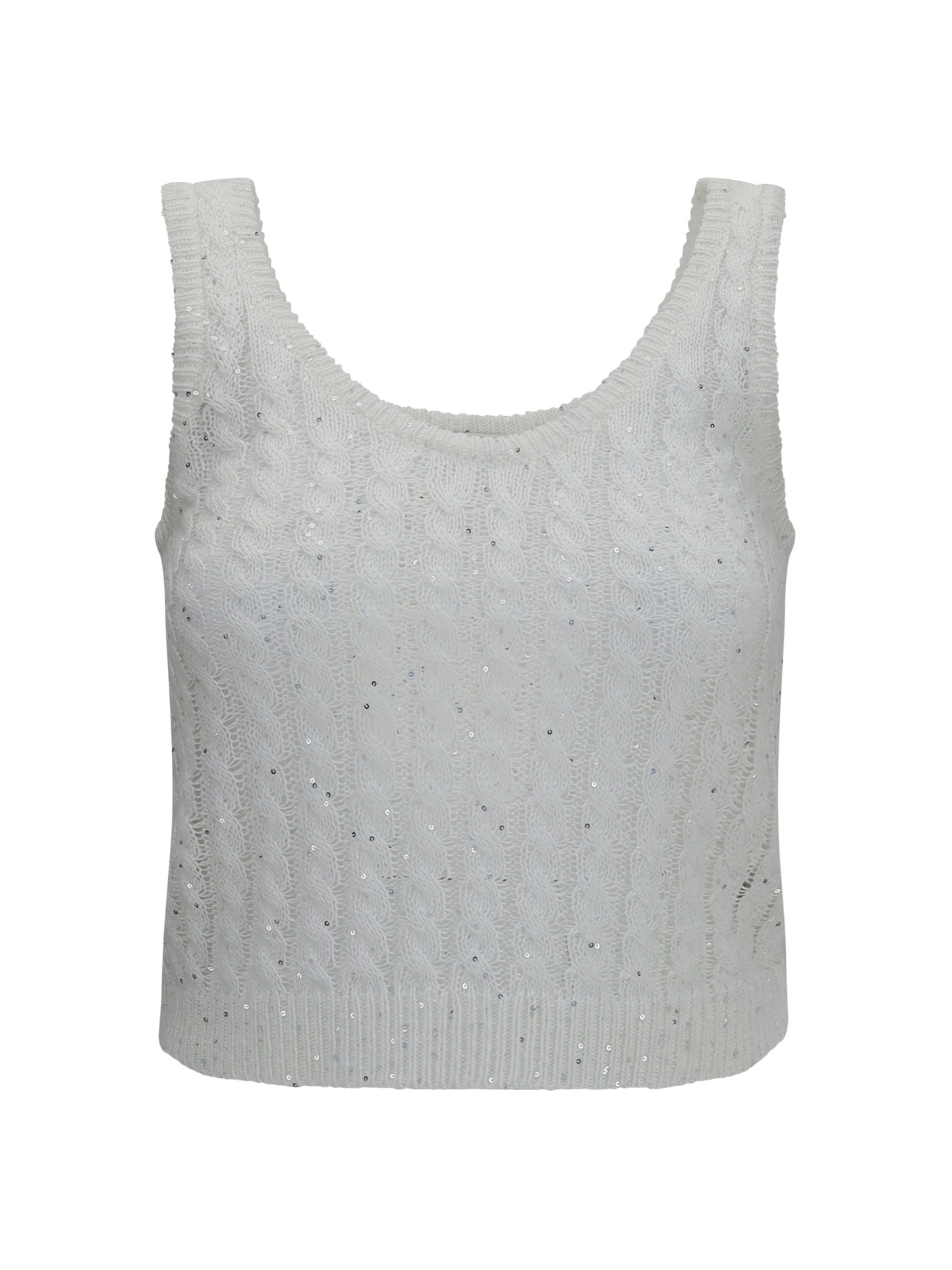 BRUNELLO CUCINELLI White linen knit Tank Top with sequins
