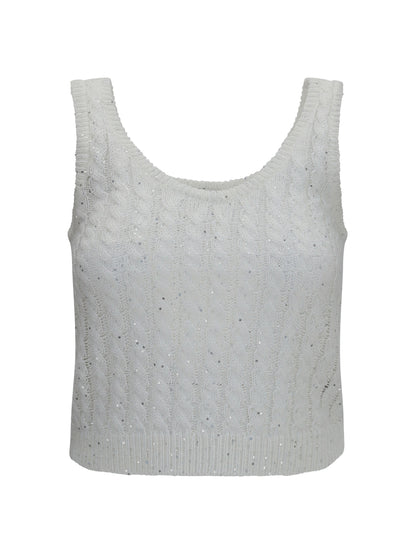 BRUNELLO CUCINELLI White linen knit Tank Top with sequins