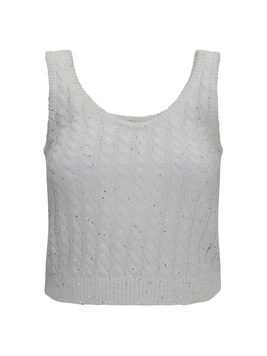 BRUNELLO CUCINELLI White linen knit Tank Top with sequins