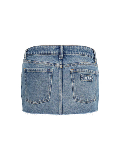 Miu Miu Frayed hem denim mini Skirt - Bleu