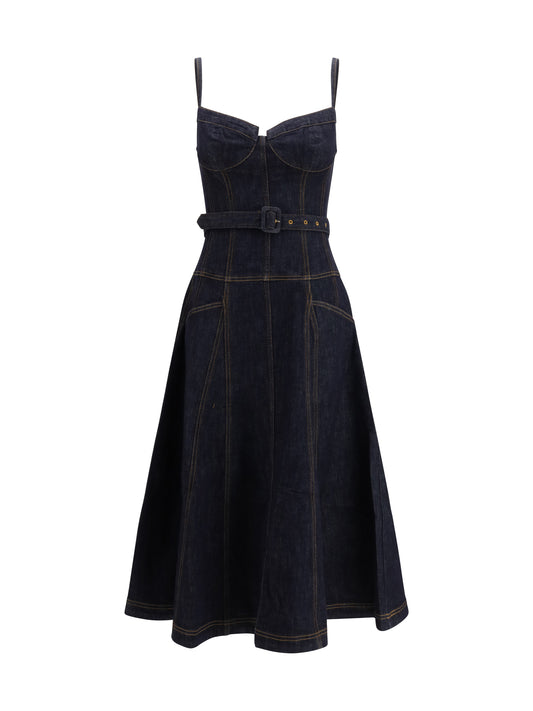 SELF-PORTRAIT Denim flared midi Dress