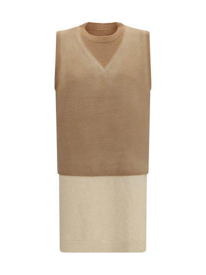 Maison Margiela Double-layer wool Knit Vest - Camel/Ecru