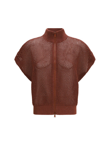 Brunello Cucinelli Cotton mesh Cardigan with Dazzling Details - Mulberry