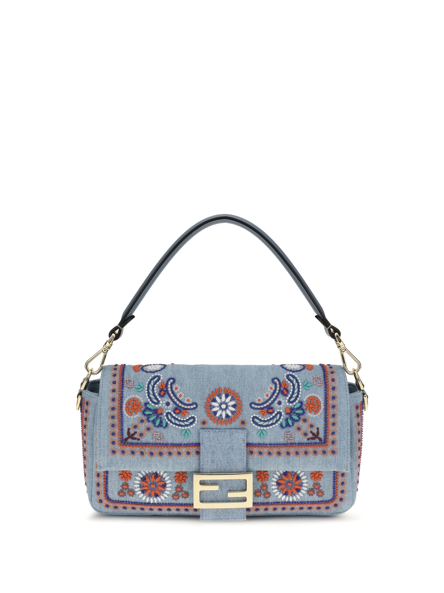 FENDI Multicolor embroidered denim Shoulder Bag