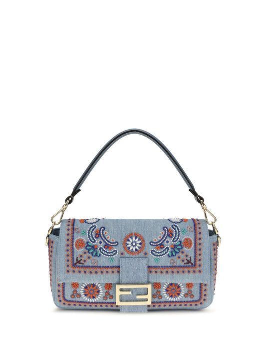 FENDI Multicolor embroidered denim Shoulder Bag