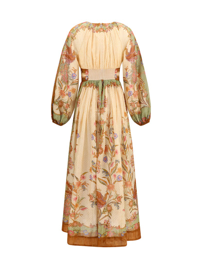 Zimmermann Indra elasticated waist maxi Dress - Cream Khaki Scarf Floral
