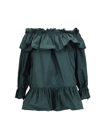 Saint Laurent Ruffled Nylon Poplin Dress - Vert Fonce