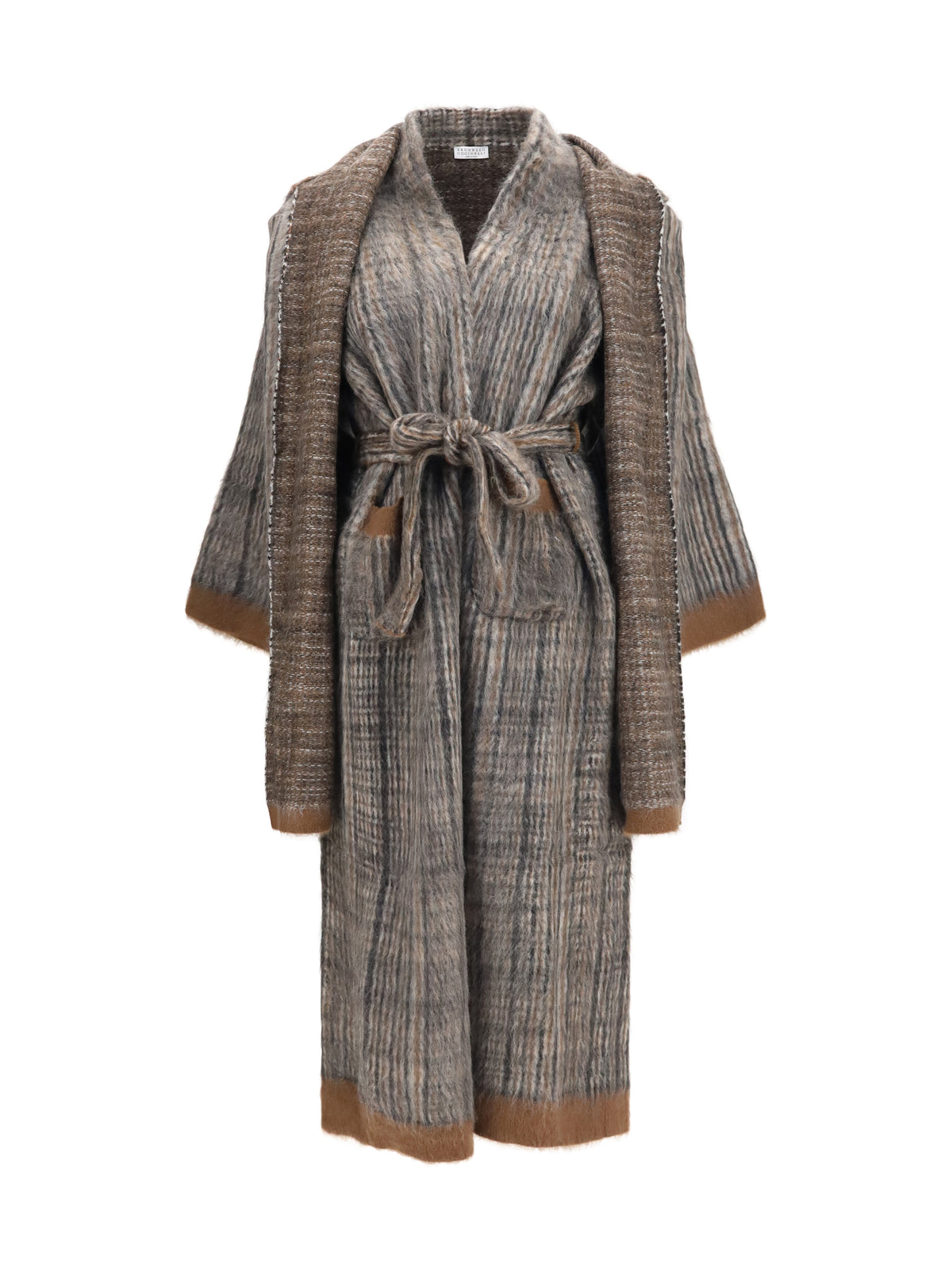 Brunello Cucinelli Prince of Wales double-knit mohair and wool Coat with scarf - 9179+055+9920