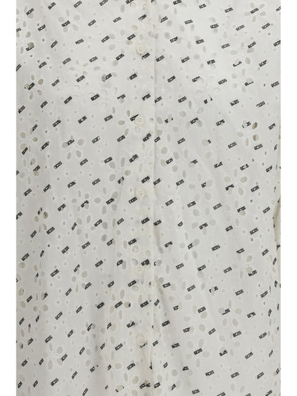 GCDS Cotton broderie anglaise Shirt with all-over logo embroidery - Optic White/Black