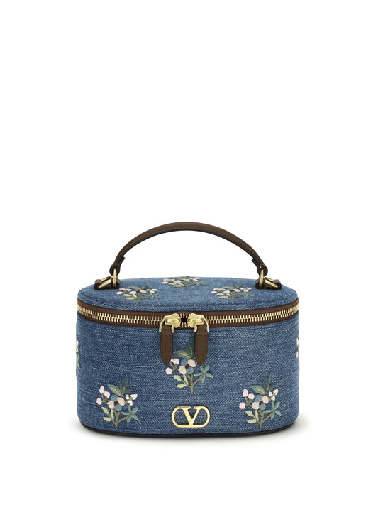VALENTINO GARAVANI VLogo Signature Denim Vanity Hand Bag with floral embroidery