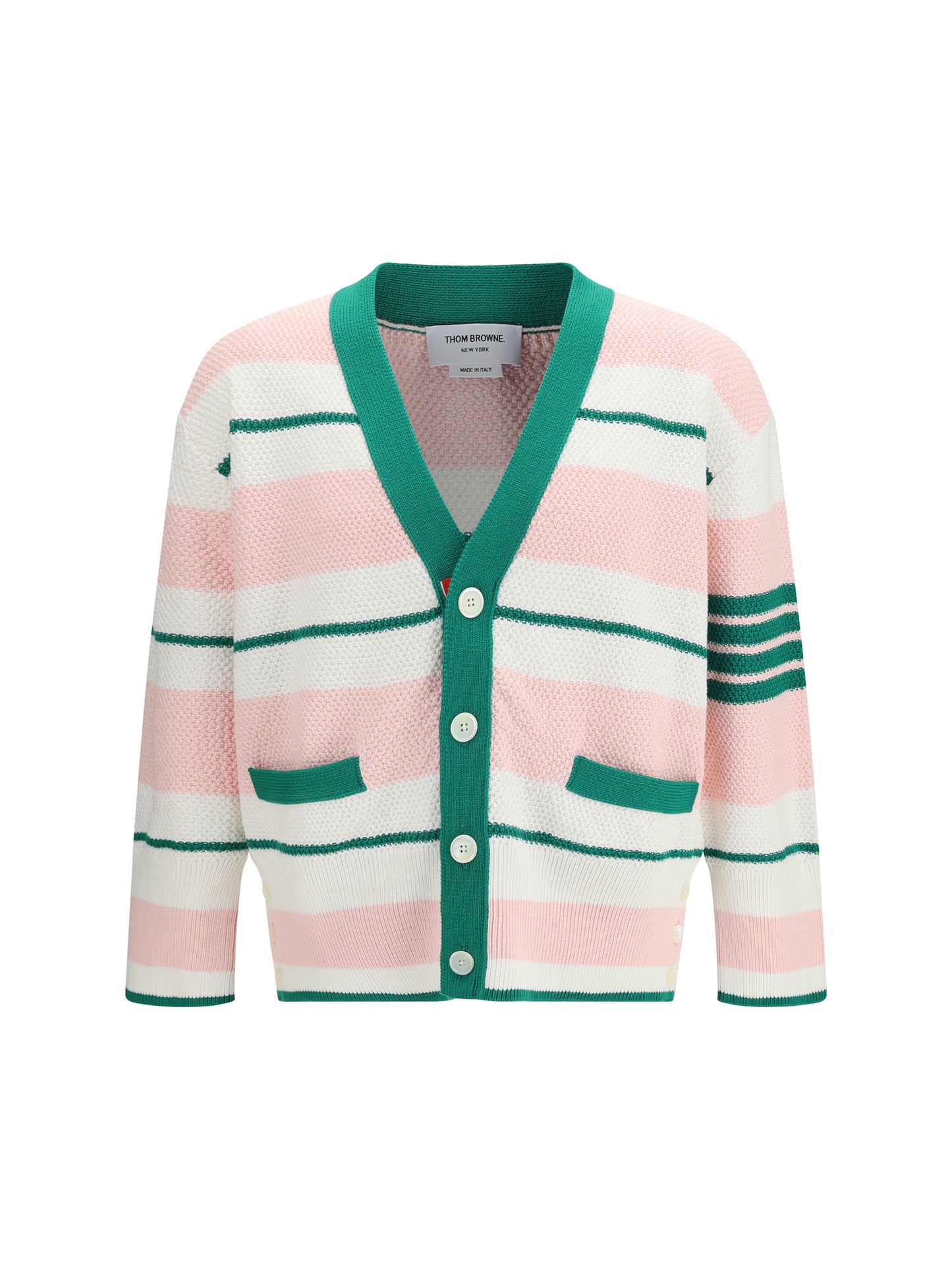 THOM BROWNE Classic stripe seed stitch V Neck Cardigan