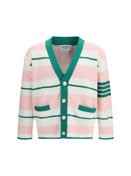 THOM BROWNE Classic stripe seed stitch V Neck Cardigan