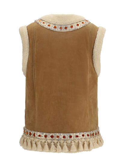 Valentino Suede and fur Vest - Camel/Multicolor