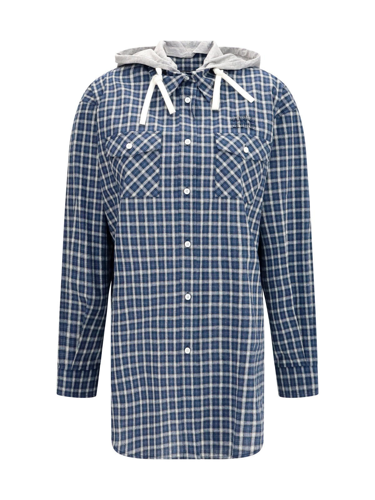 Miu Miu Checked Hooded Shirt - Blu+Bianco