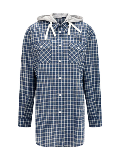 Miu Miu Checked Hooded Shirt - Blu+Bianco