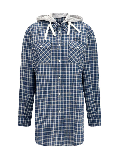 Miu Miu Checked Hooded Shirt - Blu+Bianco