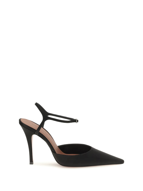 Amina Muaddi Carolyn satin Slingback Pumps - Black Satin + White Crystal Buckle