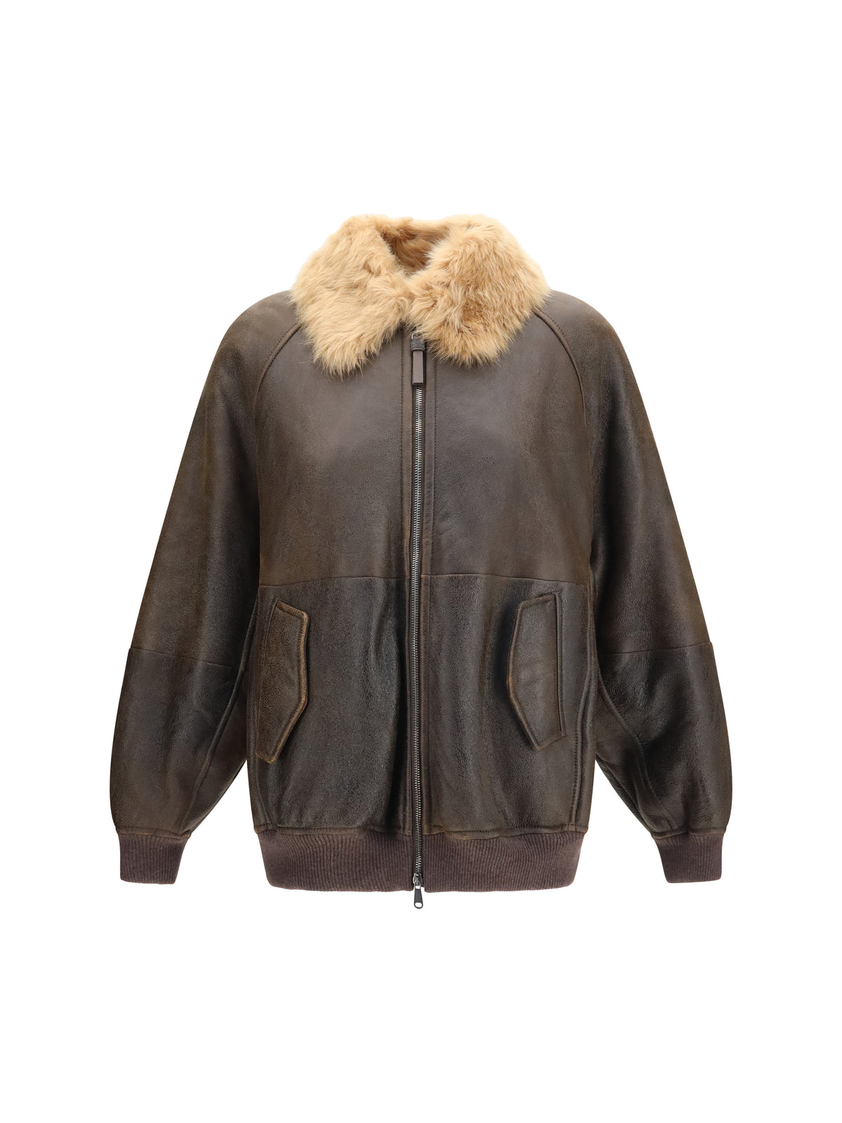 Brunello Cucinelli Vintage-effect shearling Bomber with shiny zipper pull - Hazelnut