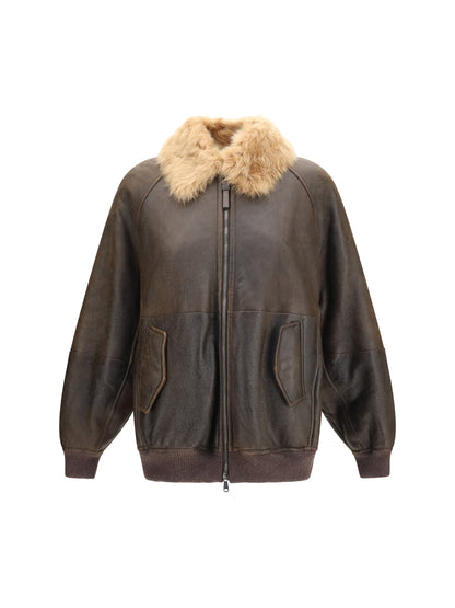 Brunello Cucinelli Vintage-effect shearling Bomber with shiny zipper pull - Hazelnut