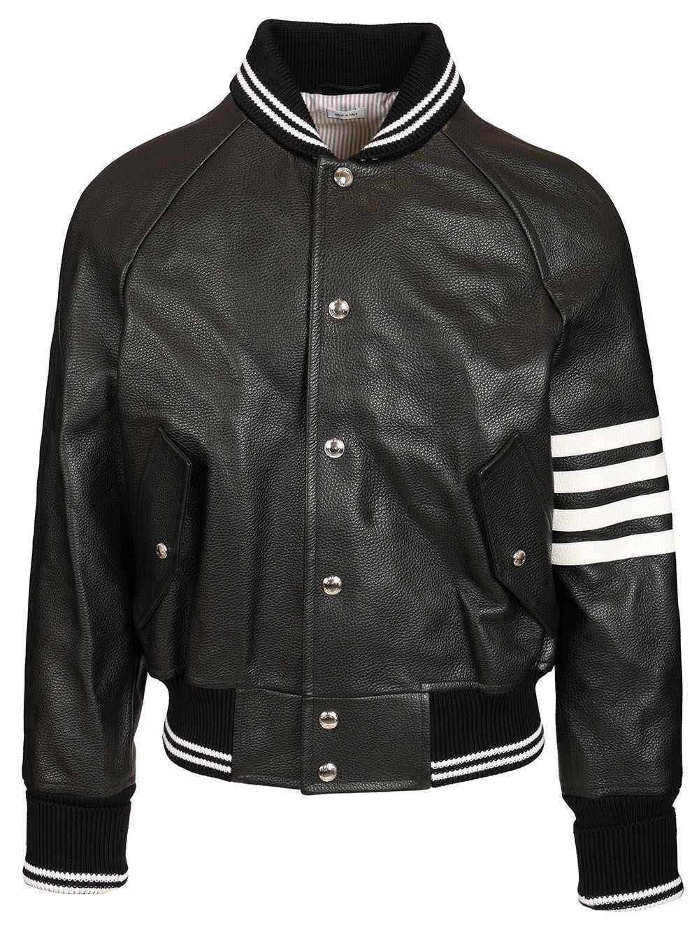 Thom Browne 4-Bar Leather Bomber Jacket - Black
