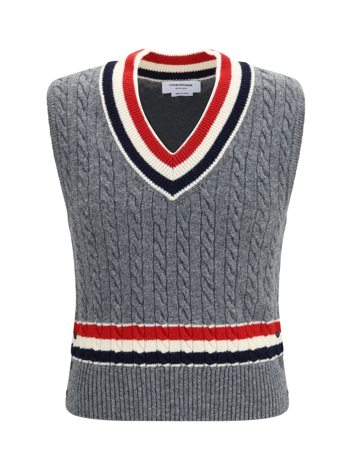 Thom Browne Cable-knit cricket V-neck Vest - Med Grey