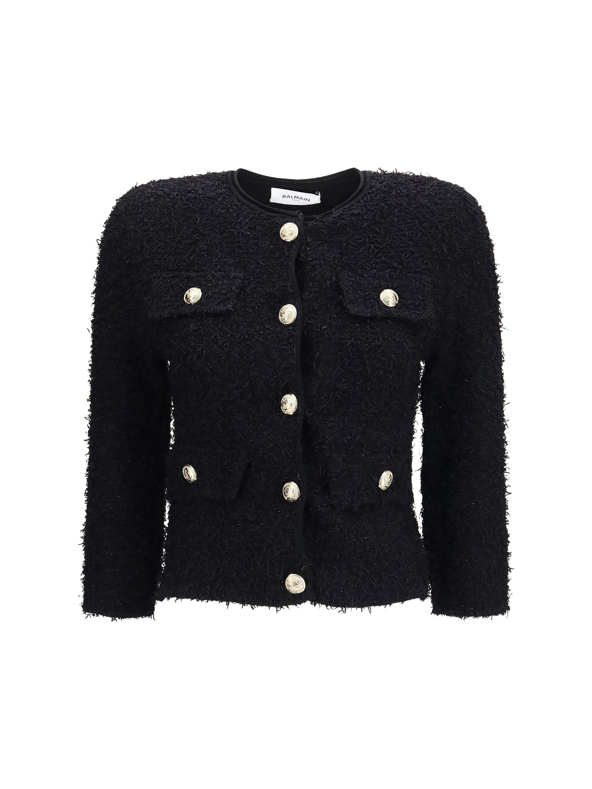 Balmain Double-breasted tweed cropped Jacket with logo buttons - Noir
