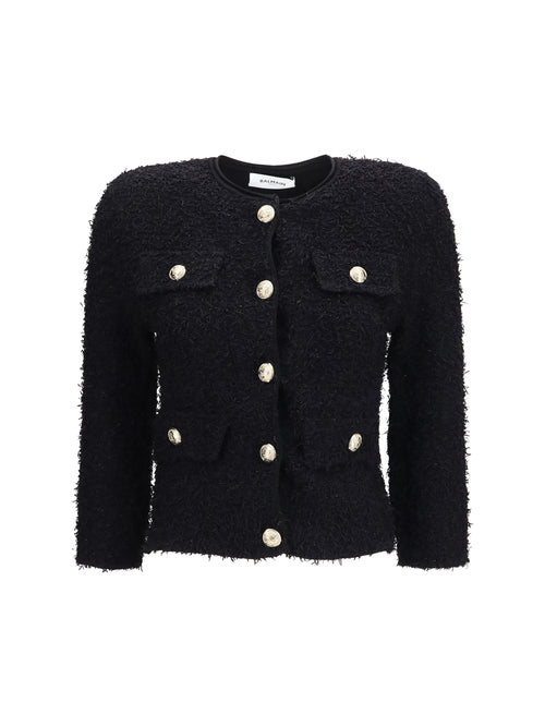 Balmain Double-breasted tweed cropped Jacket with logo buttons - Noir