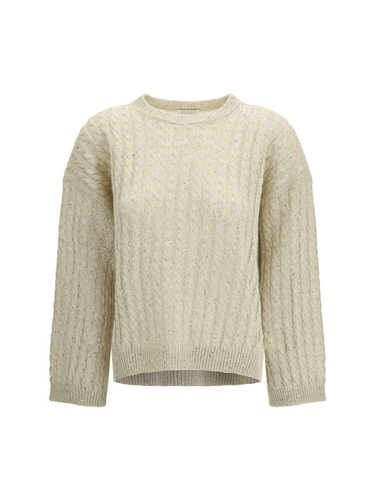 BRUNELLO CUCINELLI Dazzling Cable linen Sweater with openwork ribbing