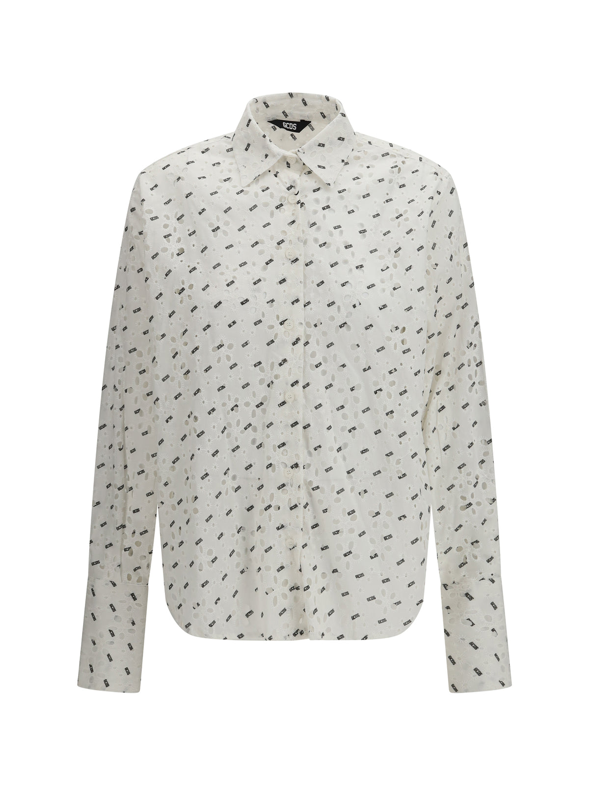 GCDS Cotton broderie anglaise Shirt with all-over logo embroidery - Optic White/Black